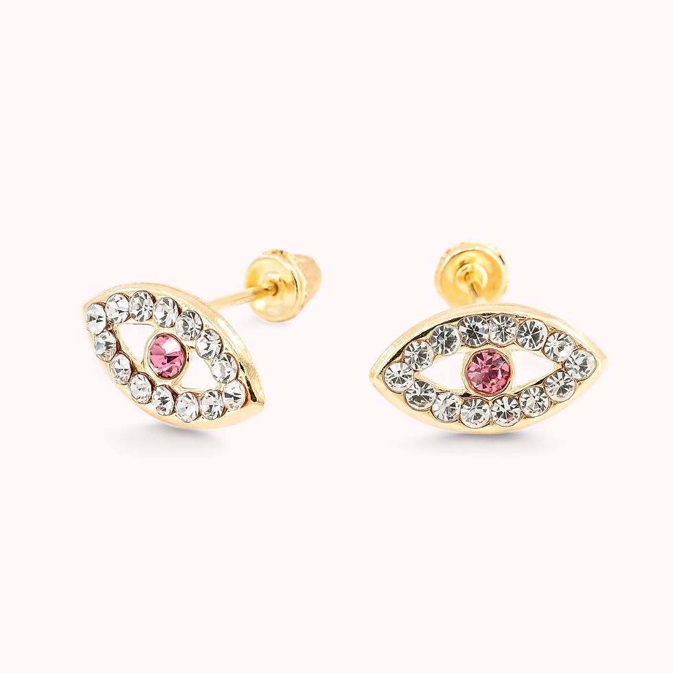14K Solid Gold Stud Earrings With Pink Eye Design