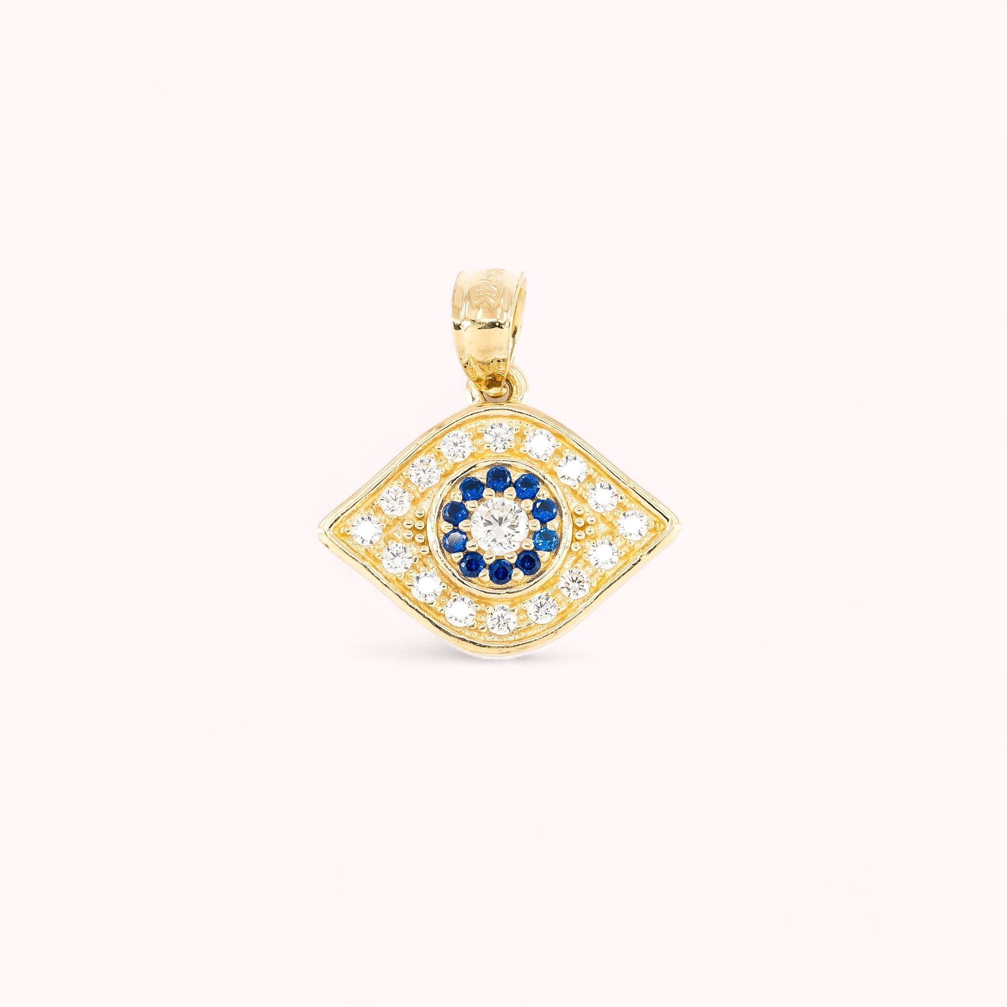14K Solid Gold Eye Pendant With Blue Eye & White Cubic Zirconia