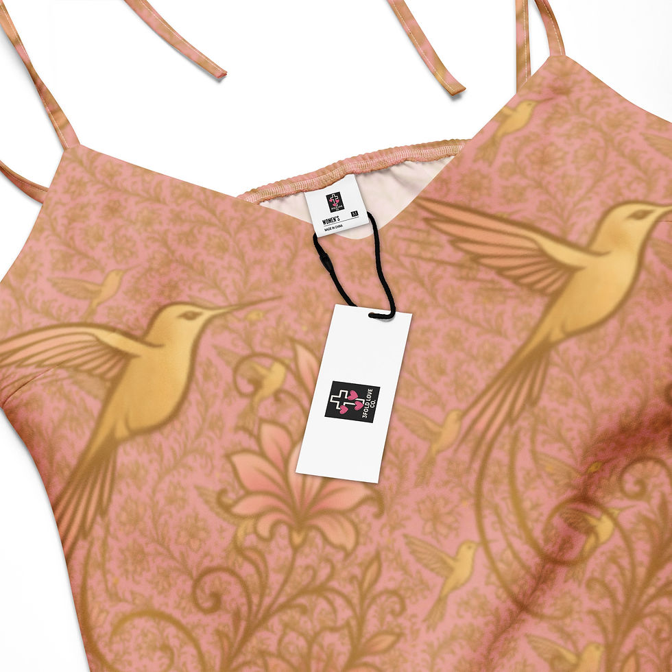 Thumbnail: Pink dress with hummingbird pattern and attached tag from 3FoldLoveCo