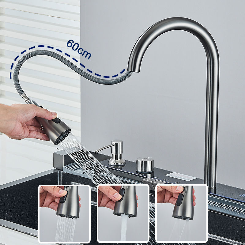 Thumbnail: 304 Stainless Steel Kitchen Sink with Digital Display Waterfall Faucet, Multifun
