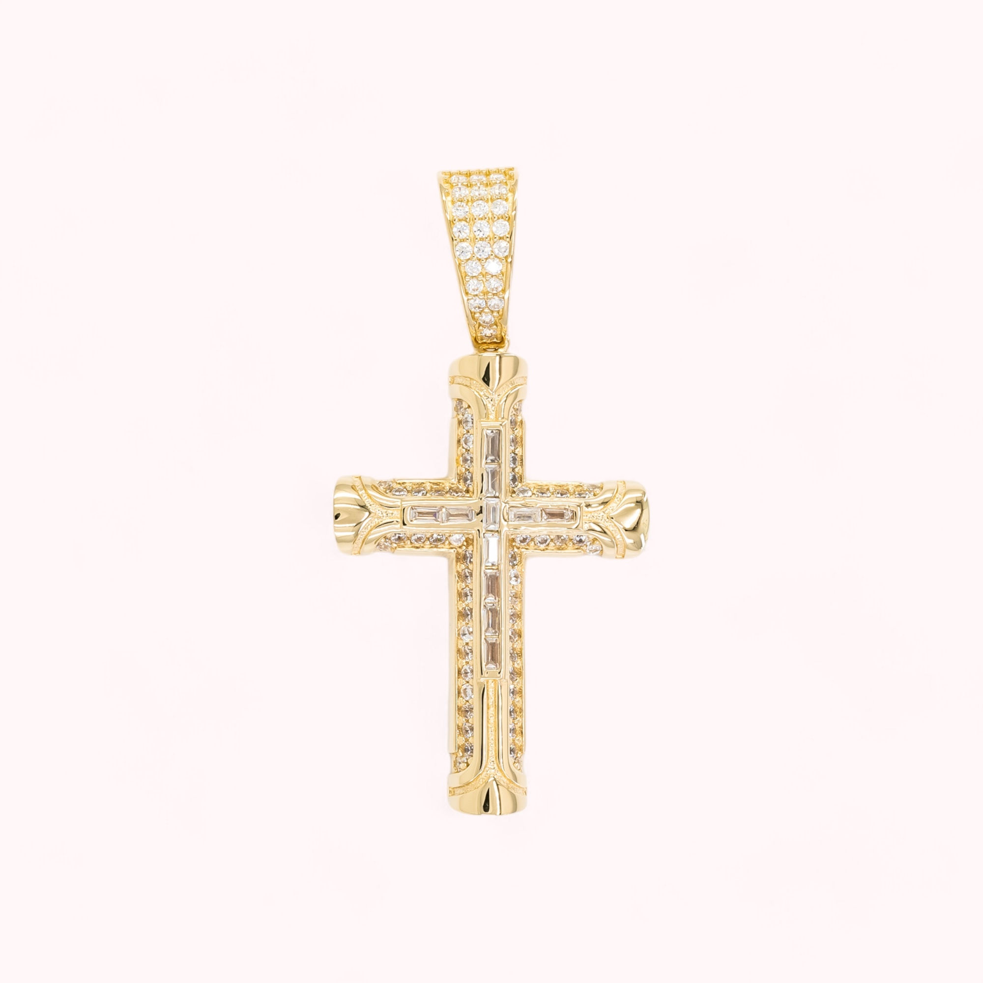14K Gold Cross Pendant With Inlaid Cubic Zirconia Cross