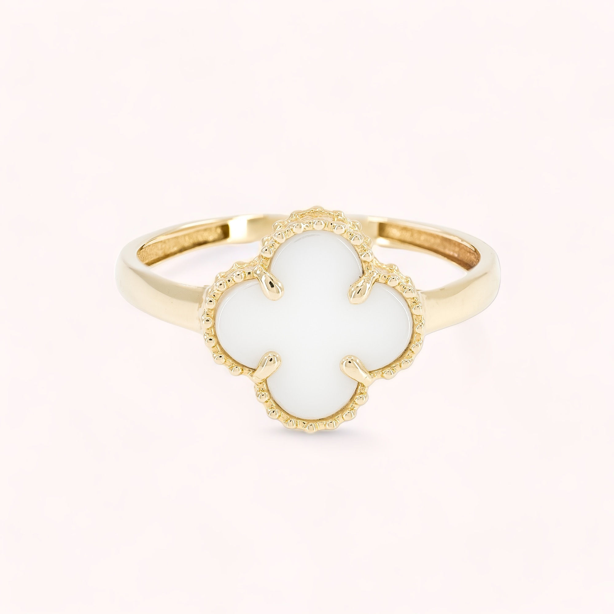 14K Solid Gold Pearl Clover Ring 0.5"