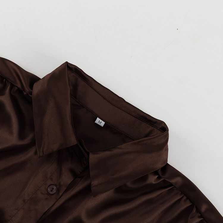 Thumbnail: 2025 New Trendy Fashion Clothing Brown Flared Long Sleeve Satin Elegant Femme Of