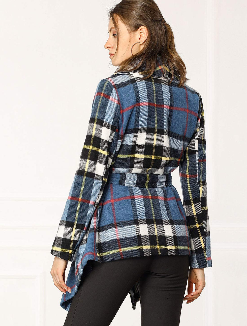 Thumbnail: Allegra K Women's Turn Down Collar Asymmetric Hem Thin Plaids Wrap Coat Mediu...