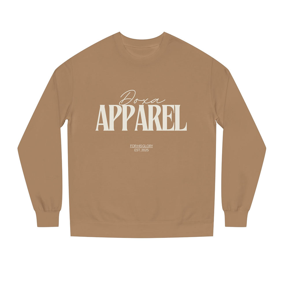 Tan Doxa Apparel sweatshirt with white text Unisex Crew Neck Sweatshirt