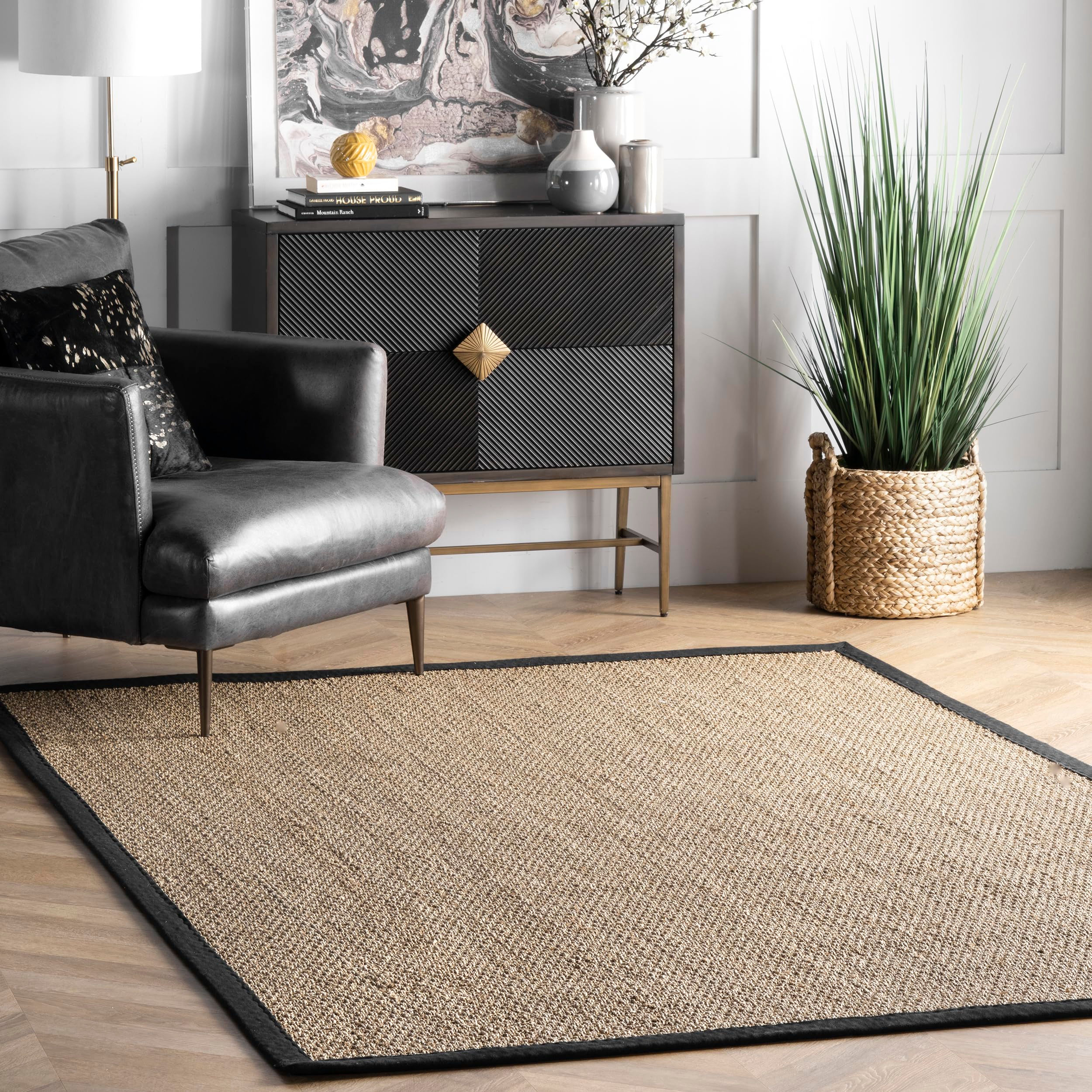 nuLOOM 9x12 Elijah Seagrass Area Rug, Black, Solid Farmhouse Style, Cotton Bo...