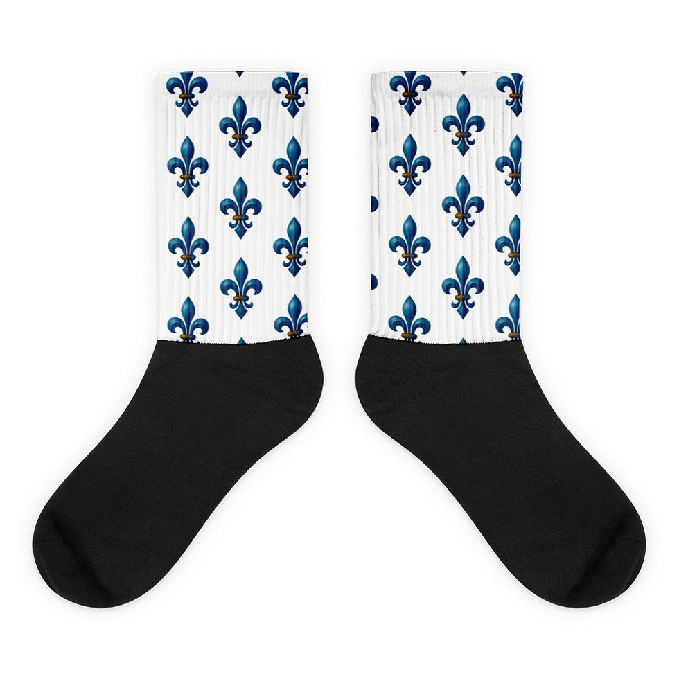 Pair of black and white socks with blue fleur-de-lis pattern