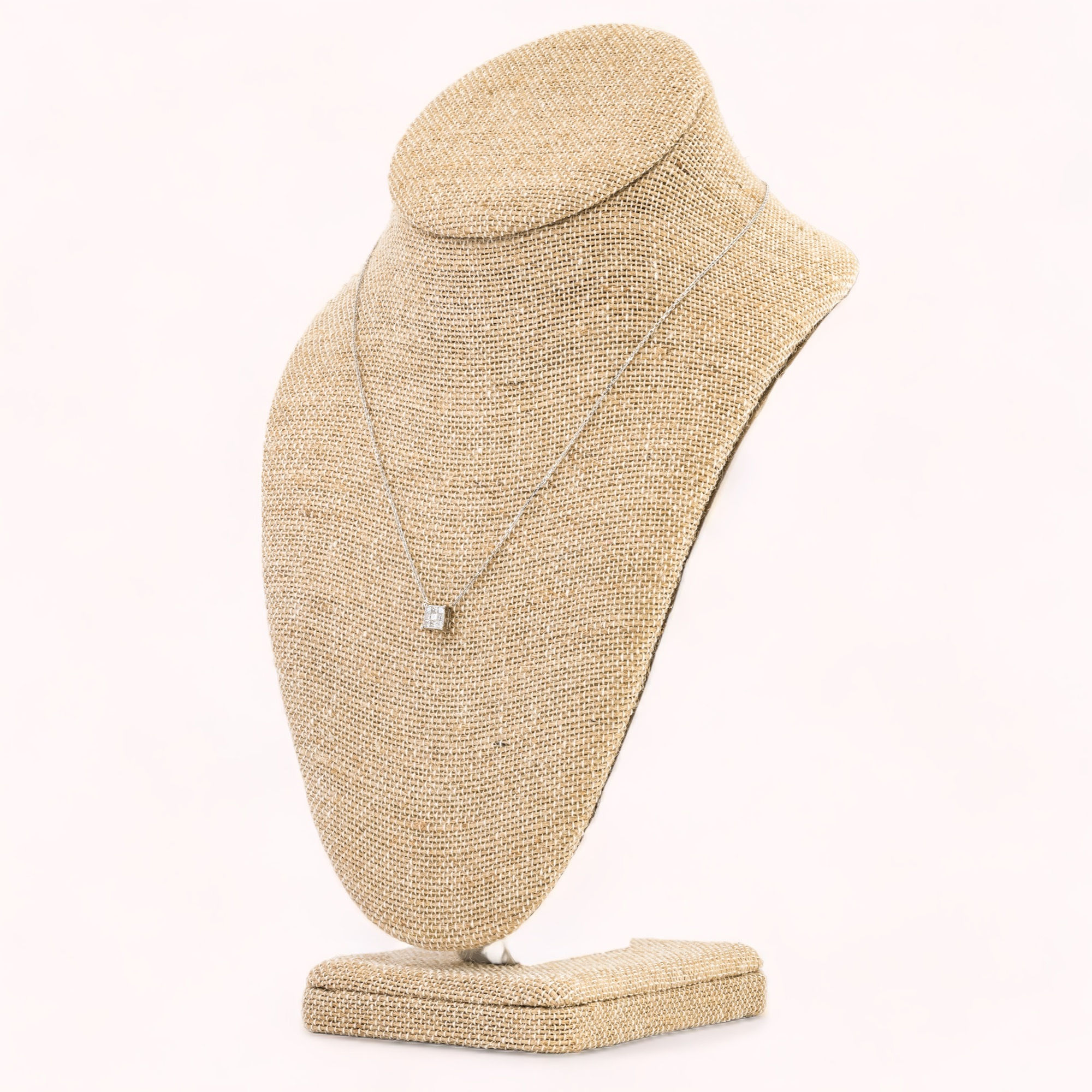 14K Solid White Gold Necklace With Square Diamond Pendant