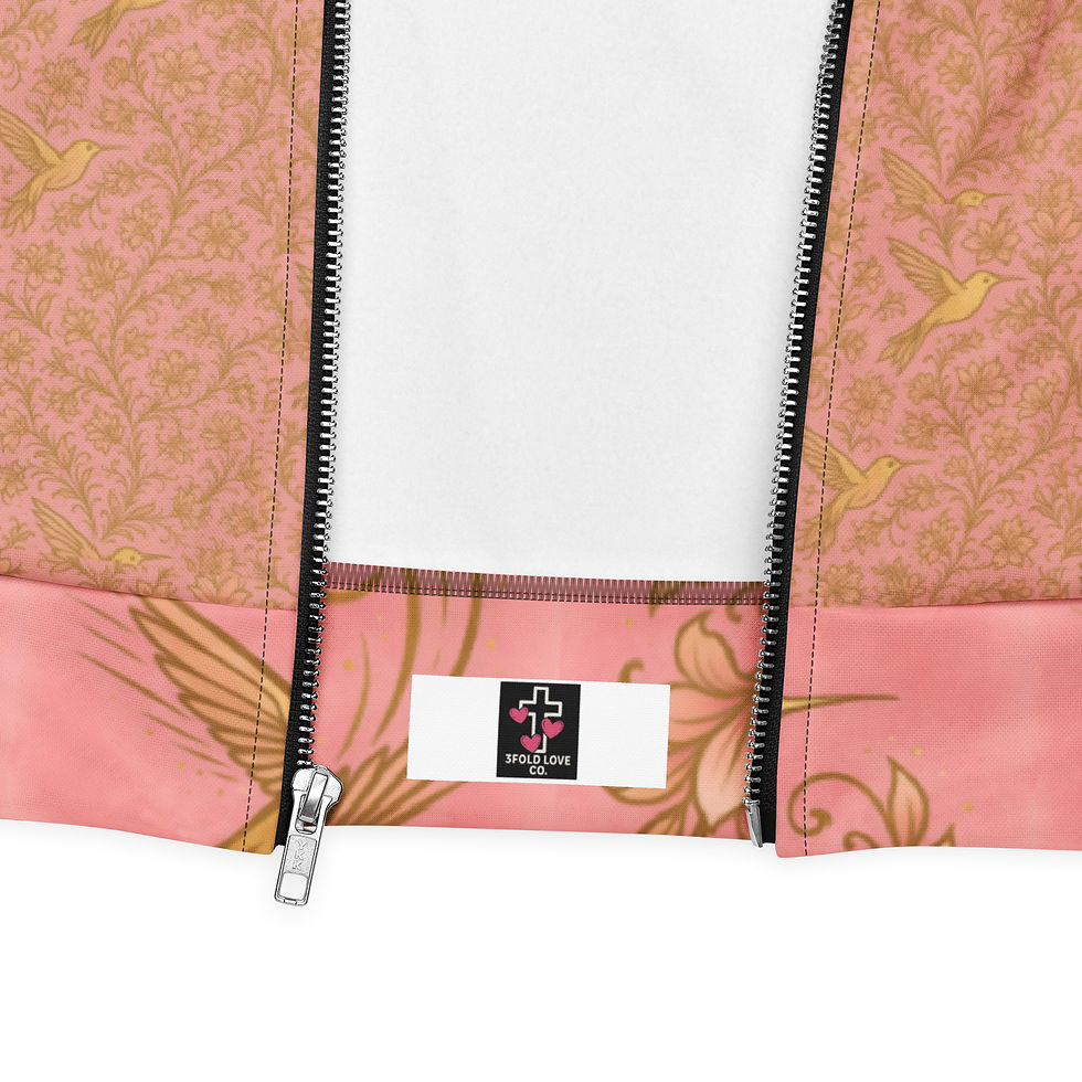 Thumbnail: Gold Hummingbird On Pink - Unisex Bomber Jacket with a patterned design, 3FoldLoveCo