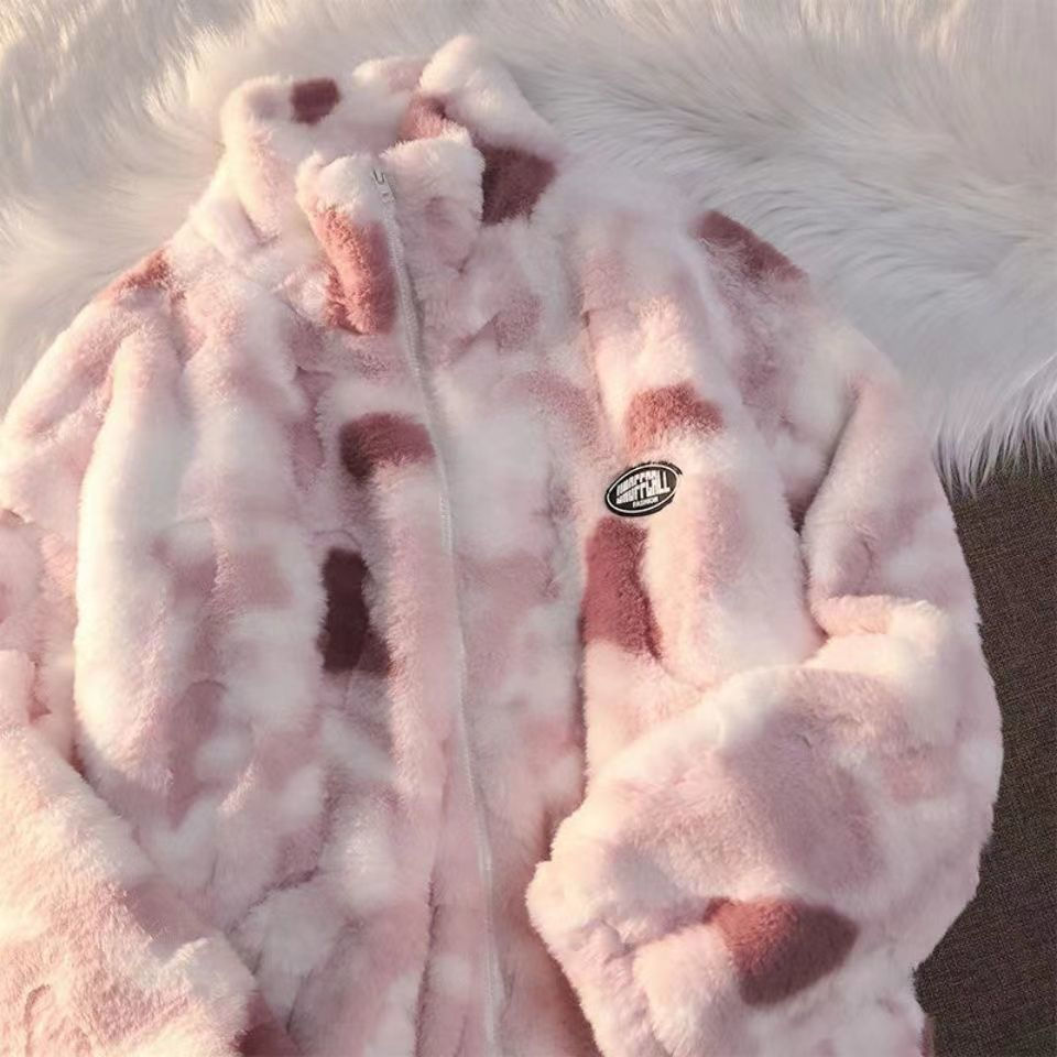 Thumbnail: Tie Dye Woman Zipper Jacket Real Rabbit Fur Coat Real Fur Winter Clothes Women L