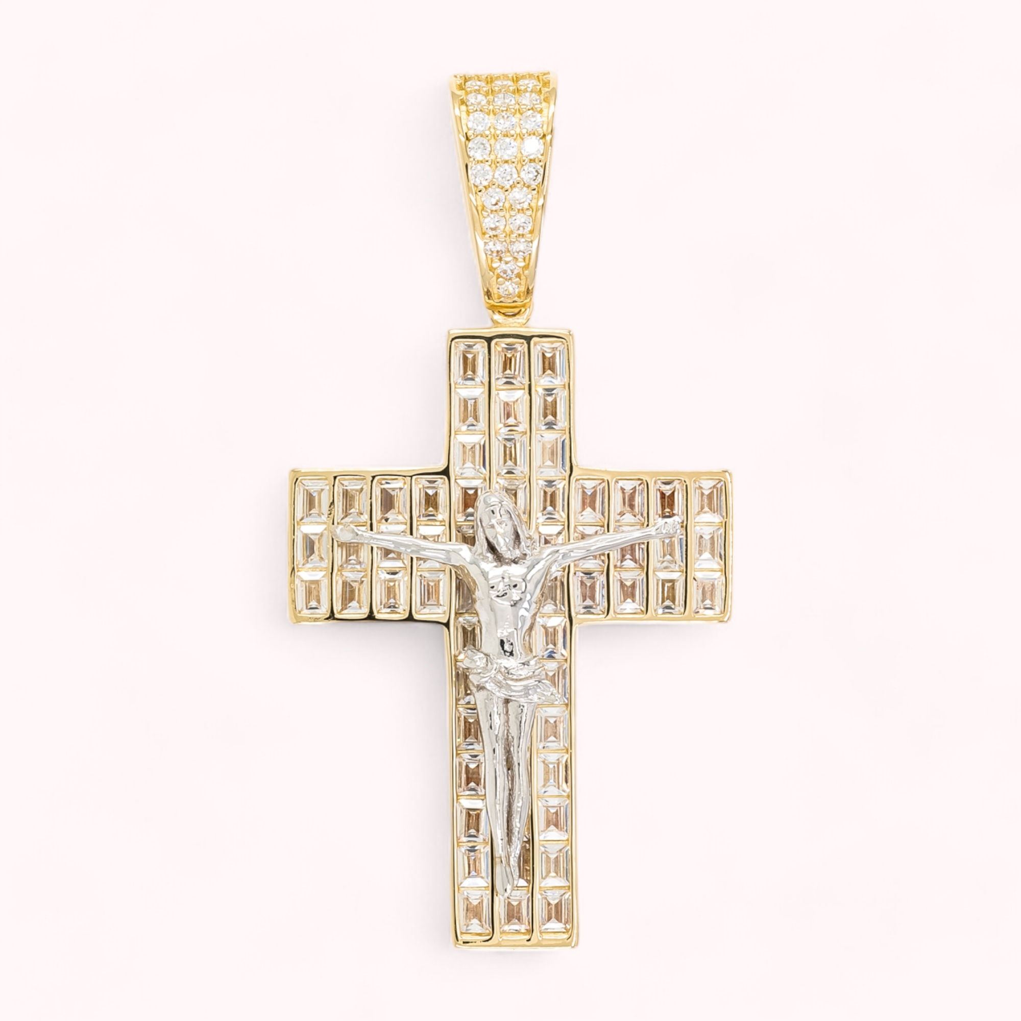 14K Gold Cross Pendant With White Gold Christ On Cubic Zirconia