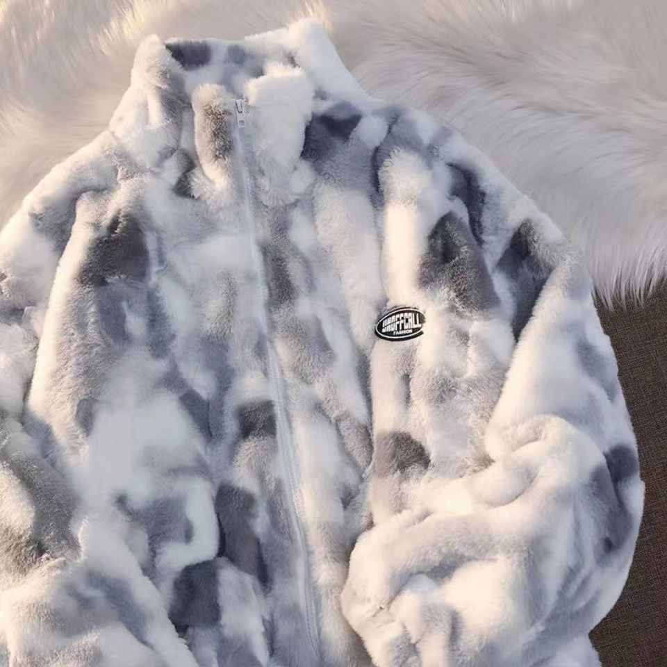 Thumbnail: Tie Dye Woman Zipper Jacket Real Rabbit Fur Coat Real Fur Winter Clothes Women L