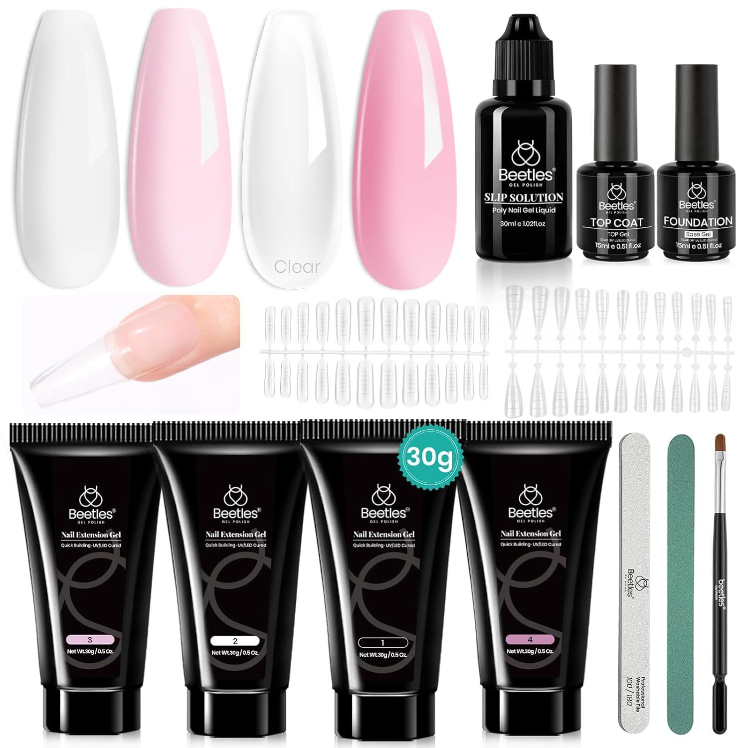 Beetles Poly Nail Extension Gel Kit, 4 Colors Pink White Poly Nail Gel Builde...