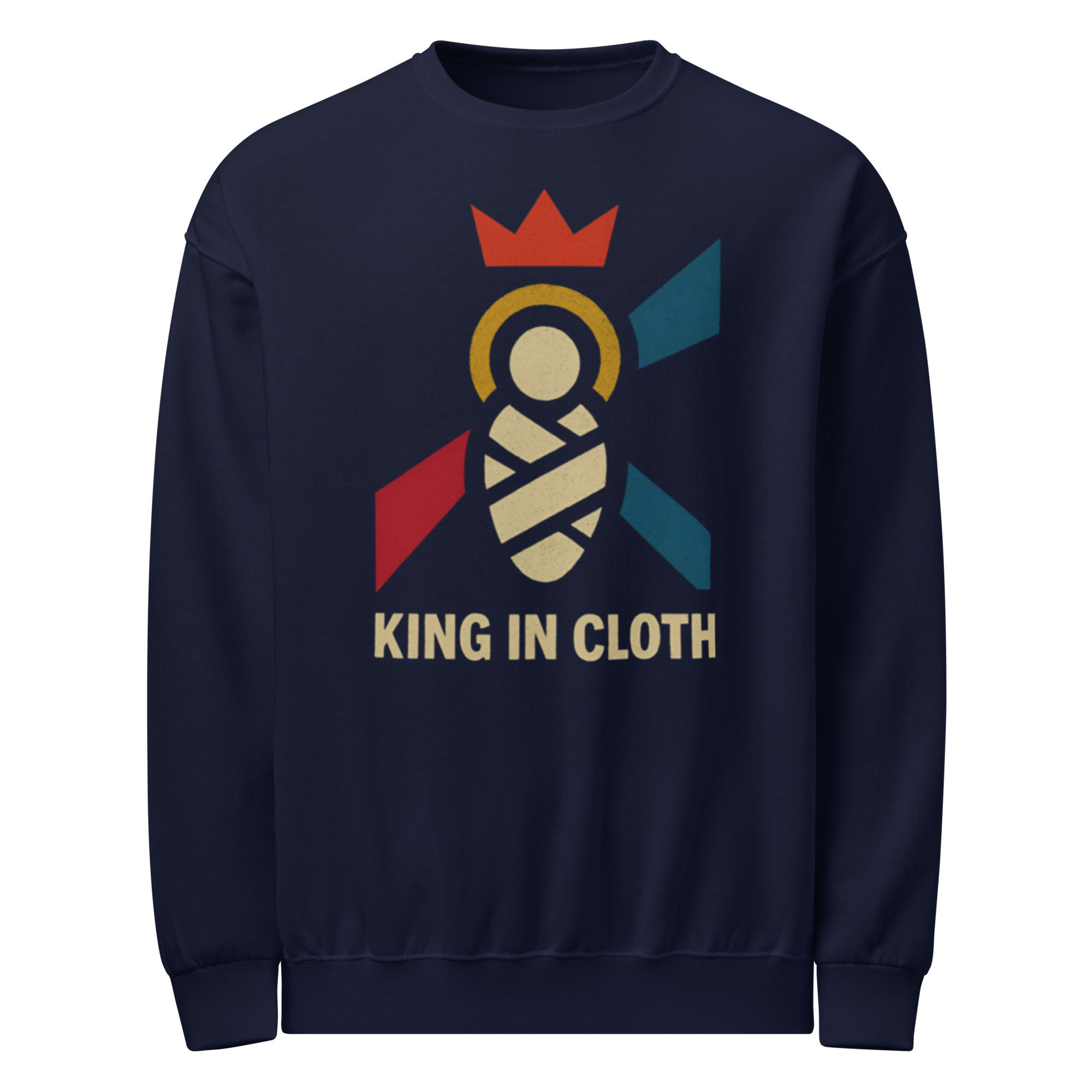 Navy sweatshirt with King in Cloth graphic design, vintage style 3FoldLoveCo
