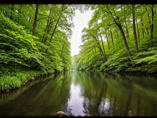 A shallow river through a lush green forest