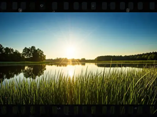 Sunrise over a pond with grass and trees