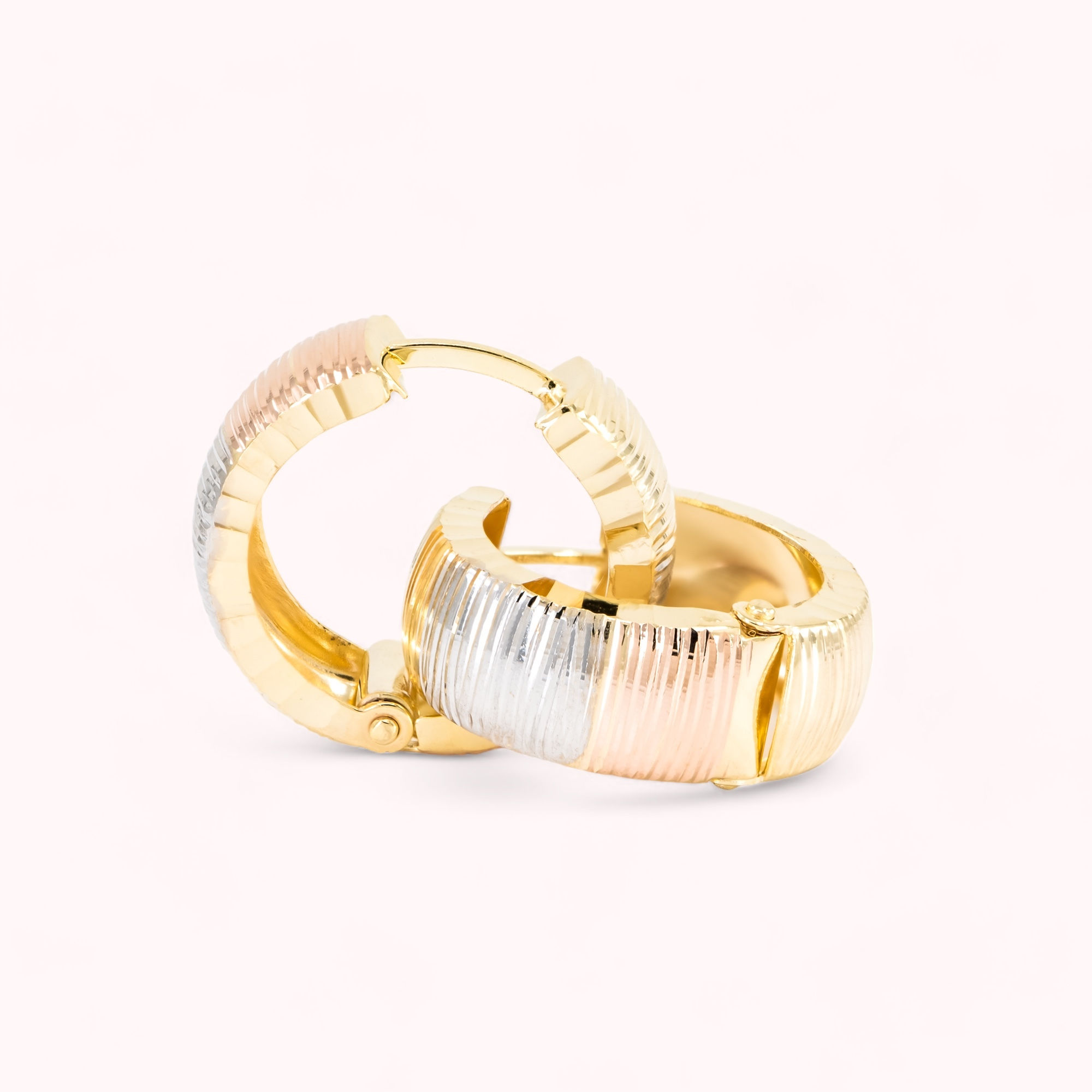 14K Double Sided Tri Gold Ribbed Huggie Earrings