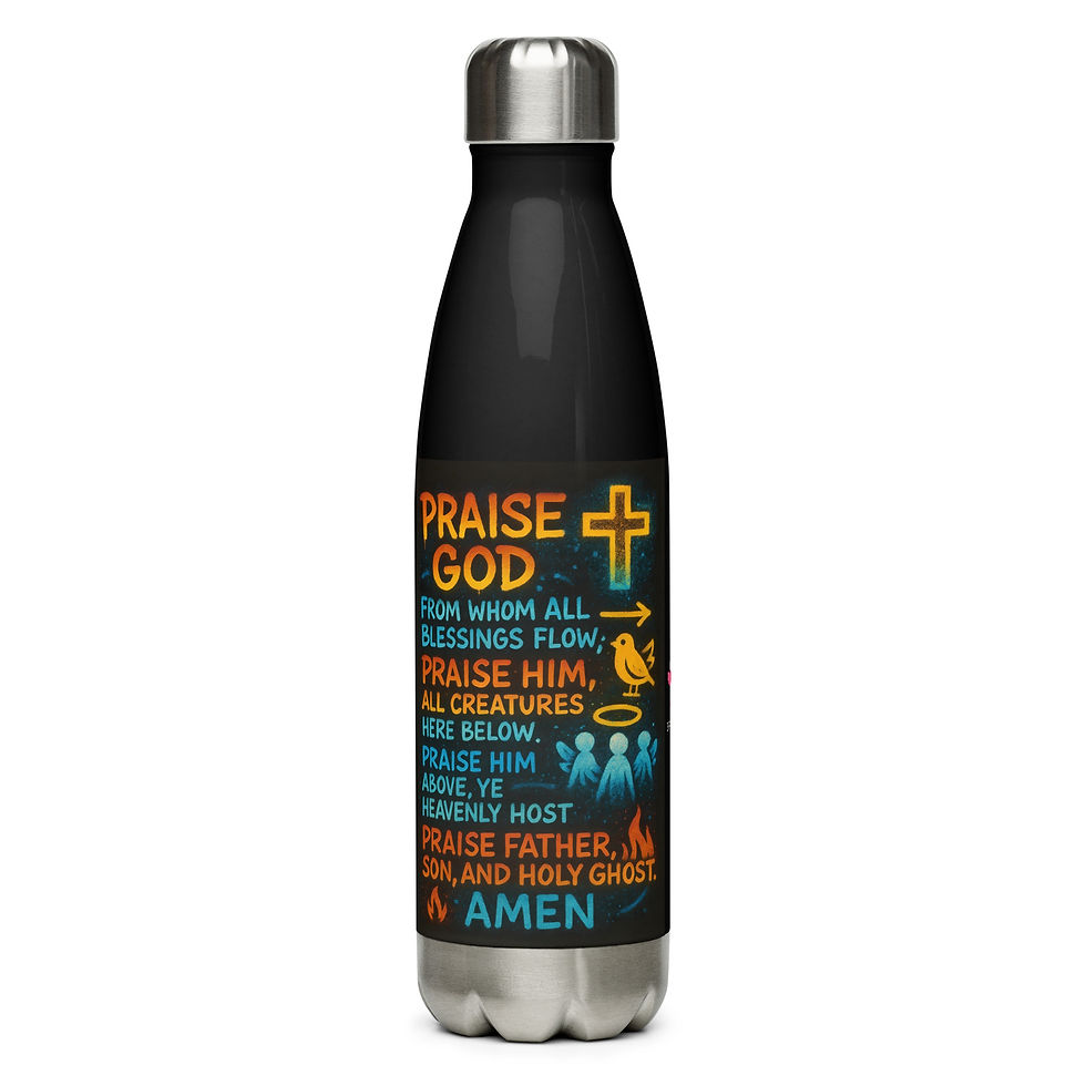Black water bottle with colorful text: Praise God, Amen. 3FoldLoveCo