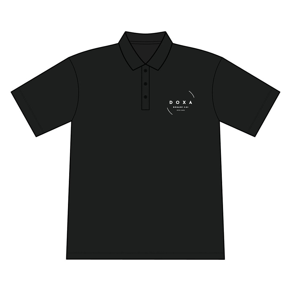 Black polo shirt with Doxa Apparel logo on chest