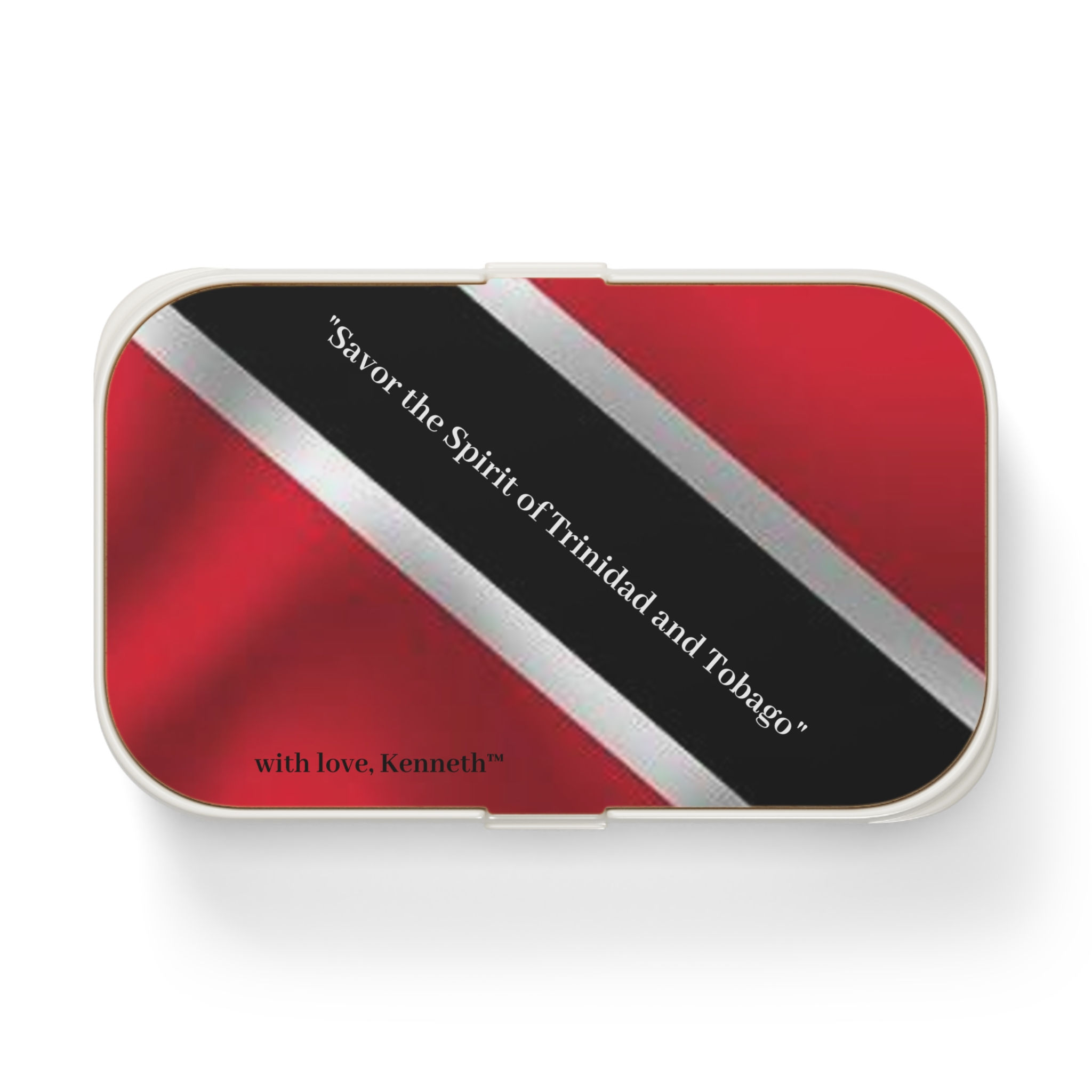 Bento lunch box featuring the Trinidad and Tobago flag design in red, black, and white with With Love, Kenneth™ logo.