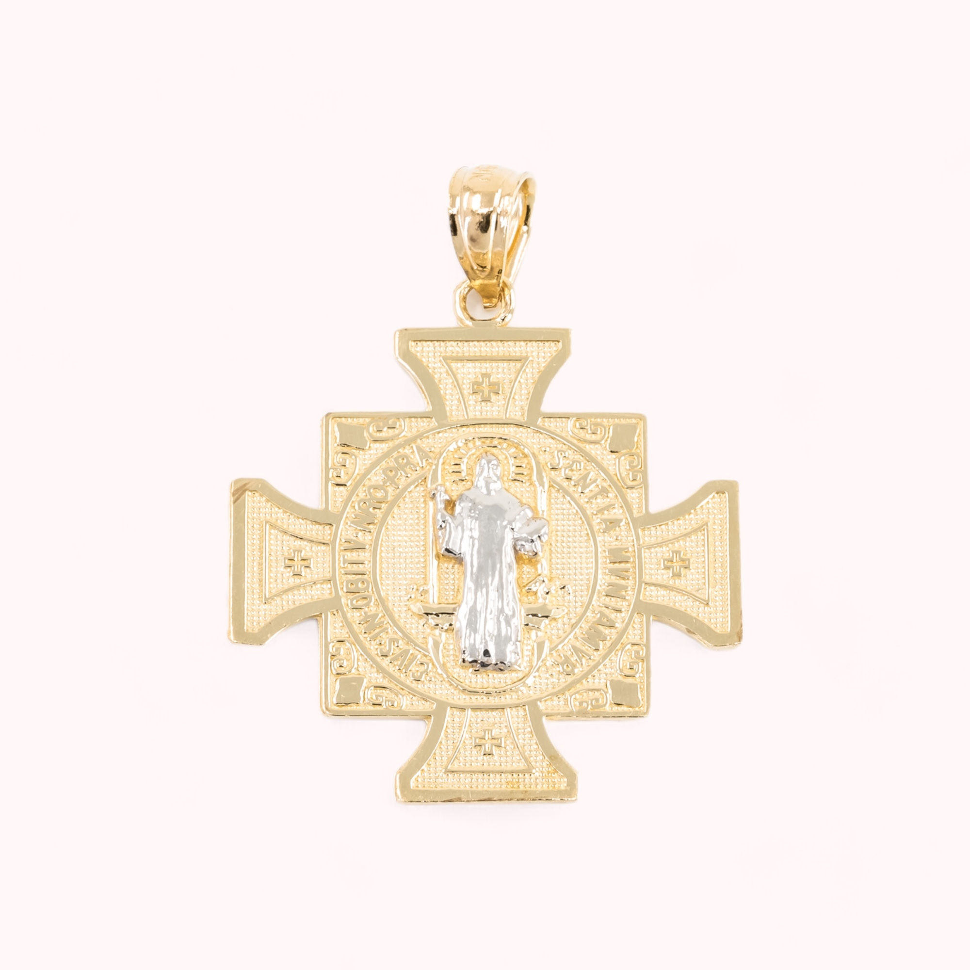 14K Gold Double Sided Square Cross With Saint Benito Figure Pendant