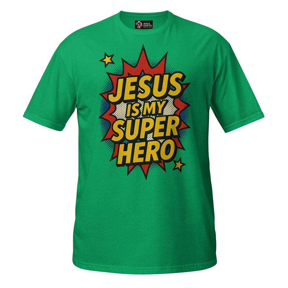 Green t-shirt with "JESUS IS MY SUPER HERO" text graphic.