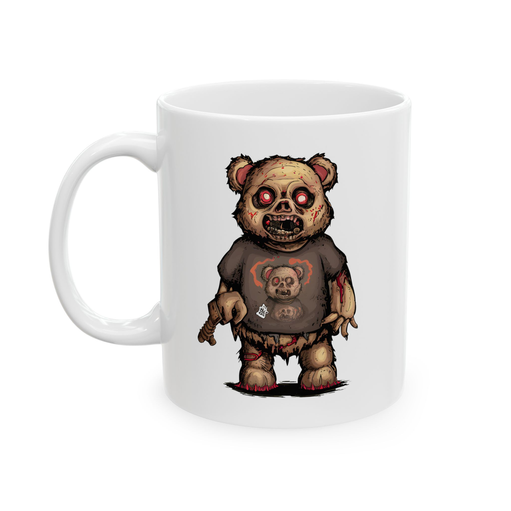Creepy Zombie Bear Coffee Mug | Horror-Inspired Drinkware. Bear with knife graphic on a white mug.