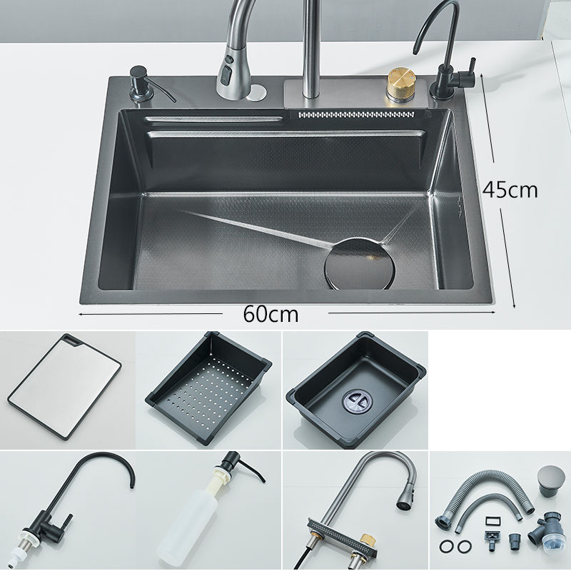 304Stainless Steel Waterfall Kitchen Sink Large Single Slot Integrated 60X45cm F