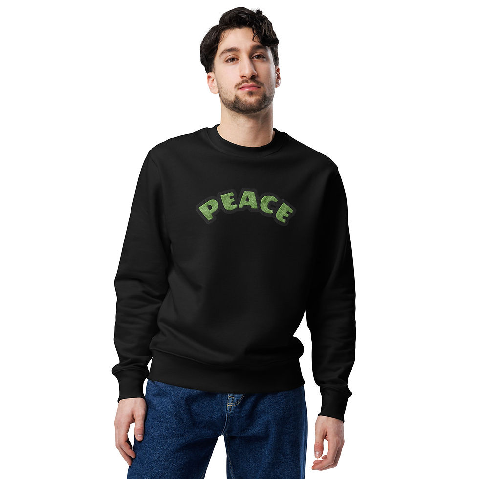 Man wearing black sweatshirt with "PEACE" text; Journey Under Star - Crew neck sweatshirt.