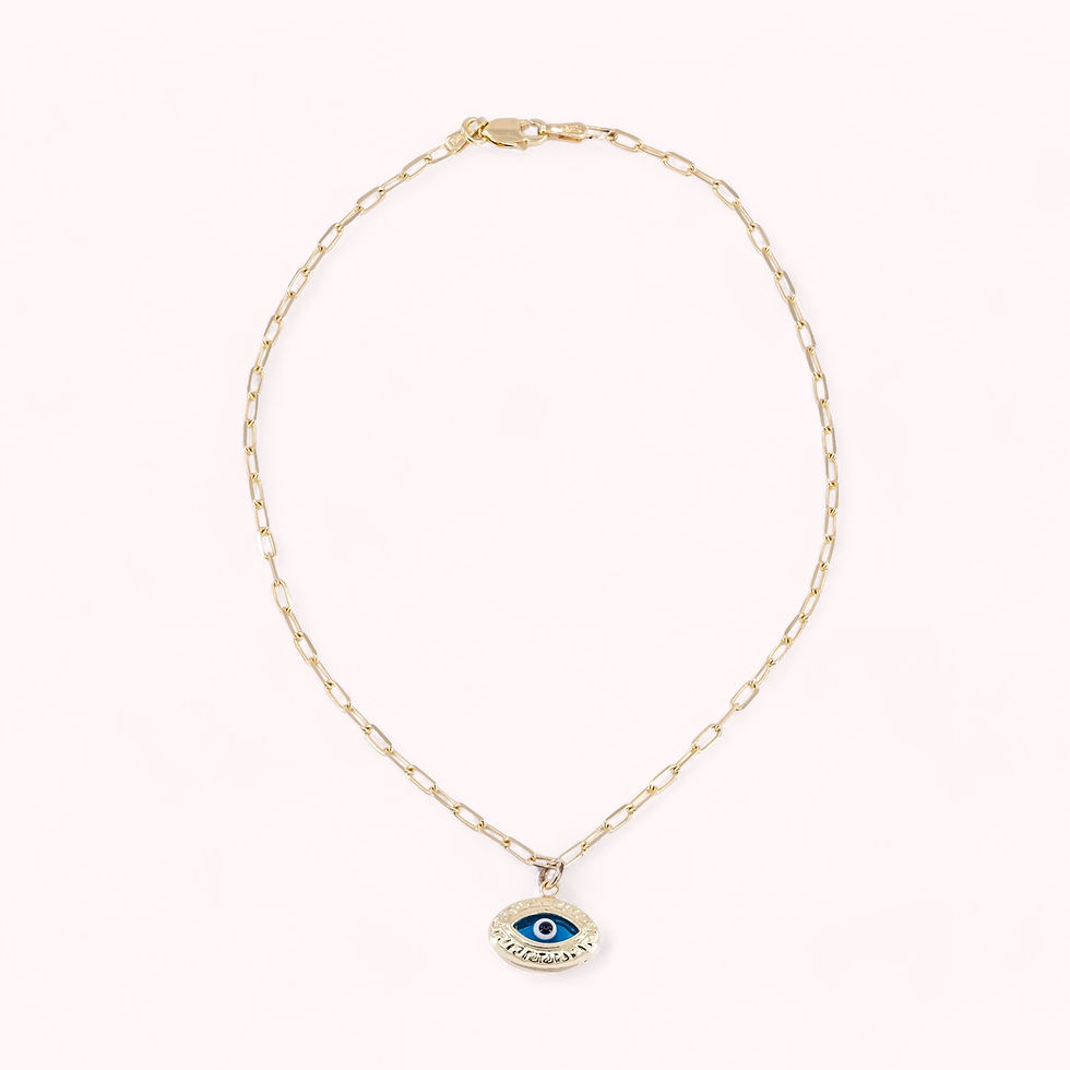 14K Solid Gold Miniature Paperclip Link Anklet With Gold Blue Eye Charm