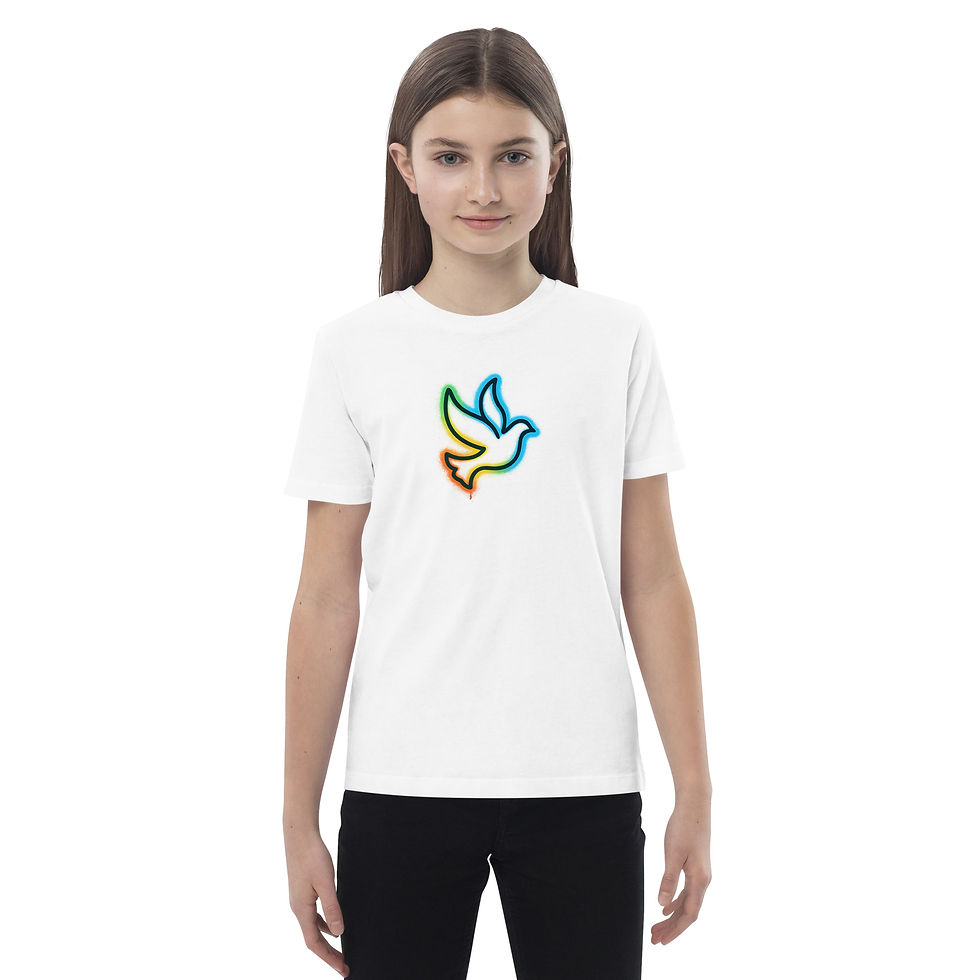 Thumbnail: Young girl wearing a white t-shirt with rainbow dove graphic 3FoldLoveCo.