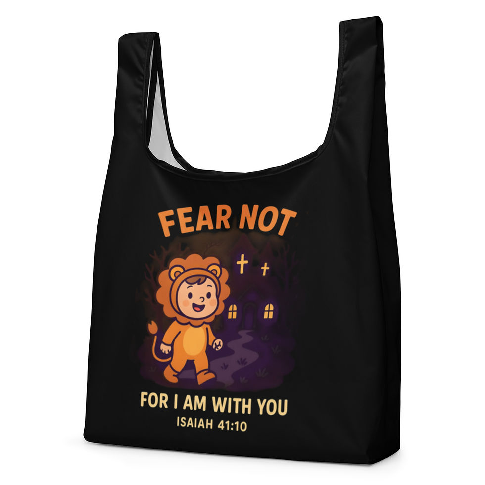 Lion cub design on reusable shopping bag; Fear Not, I am With You
