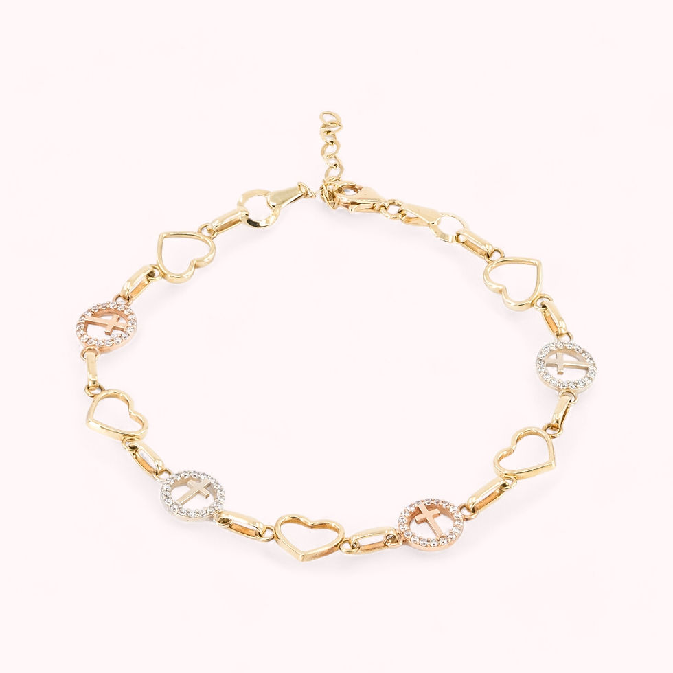 14K Tricolor Gold Hearts & Cross Link Bracelet With CCs