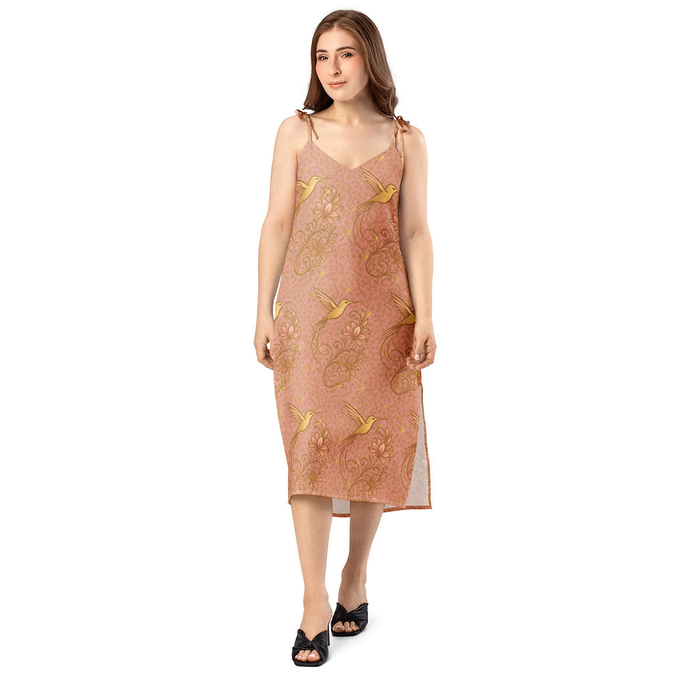 Thumbnail: Woman in floral dress and black sandals, standing, white background.