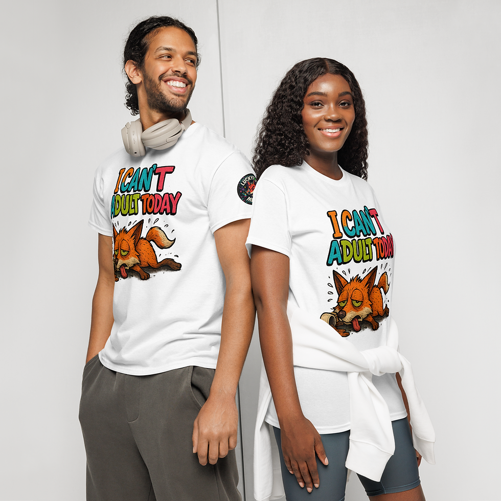 Thumbnail: I Can’t Adult Today T-Shirt with colorful graffiti text and exhausted fox design