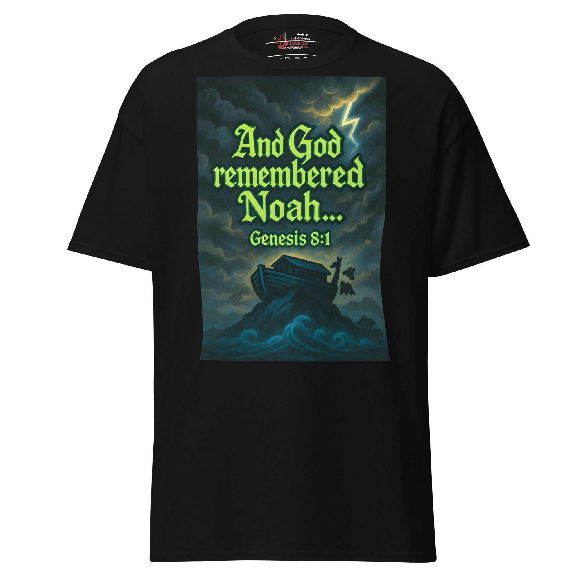 Black t-shirt with "And God remembered Noah..." quote and Genesis 8:1.