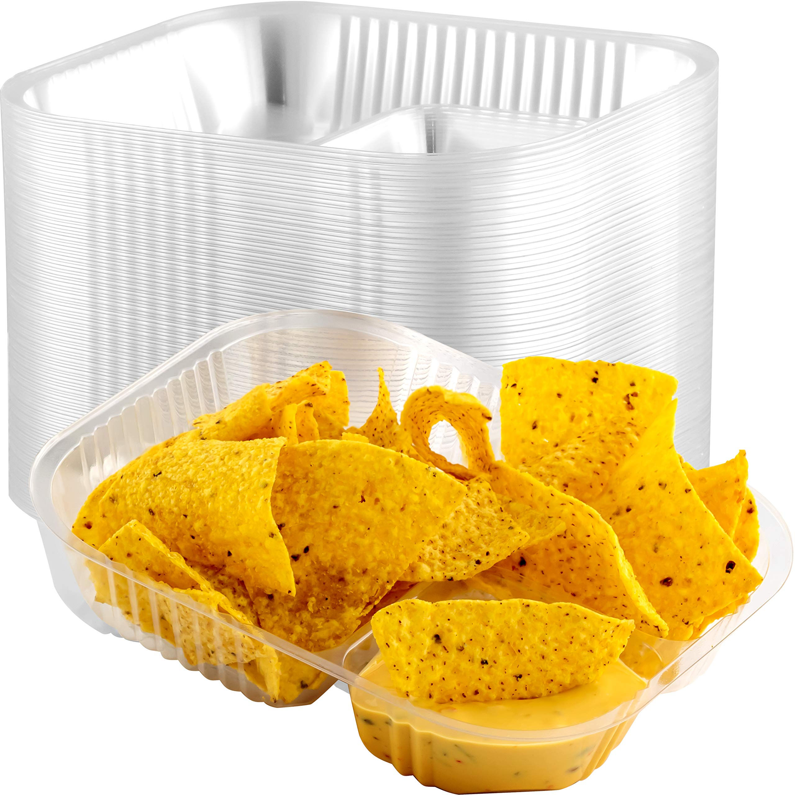 Anti-Spill, Large 6x8 Inch Plastic Nacho Trays 125 Pack. Reusable 2 Compartme...