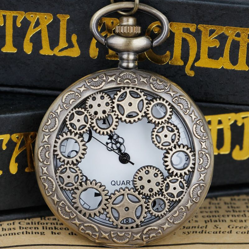 Thumbnail: Steampunk Copper Vintage Hollow Gear Hollow Quartz Pocket Watch Necklace Pendant