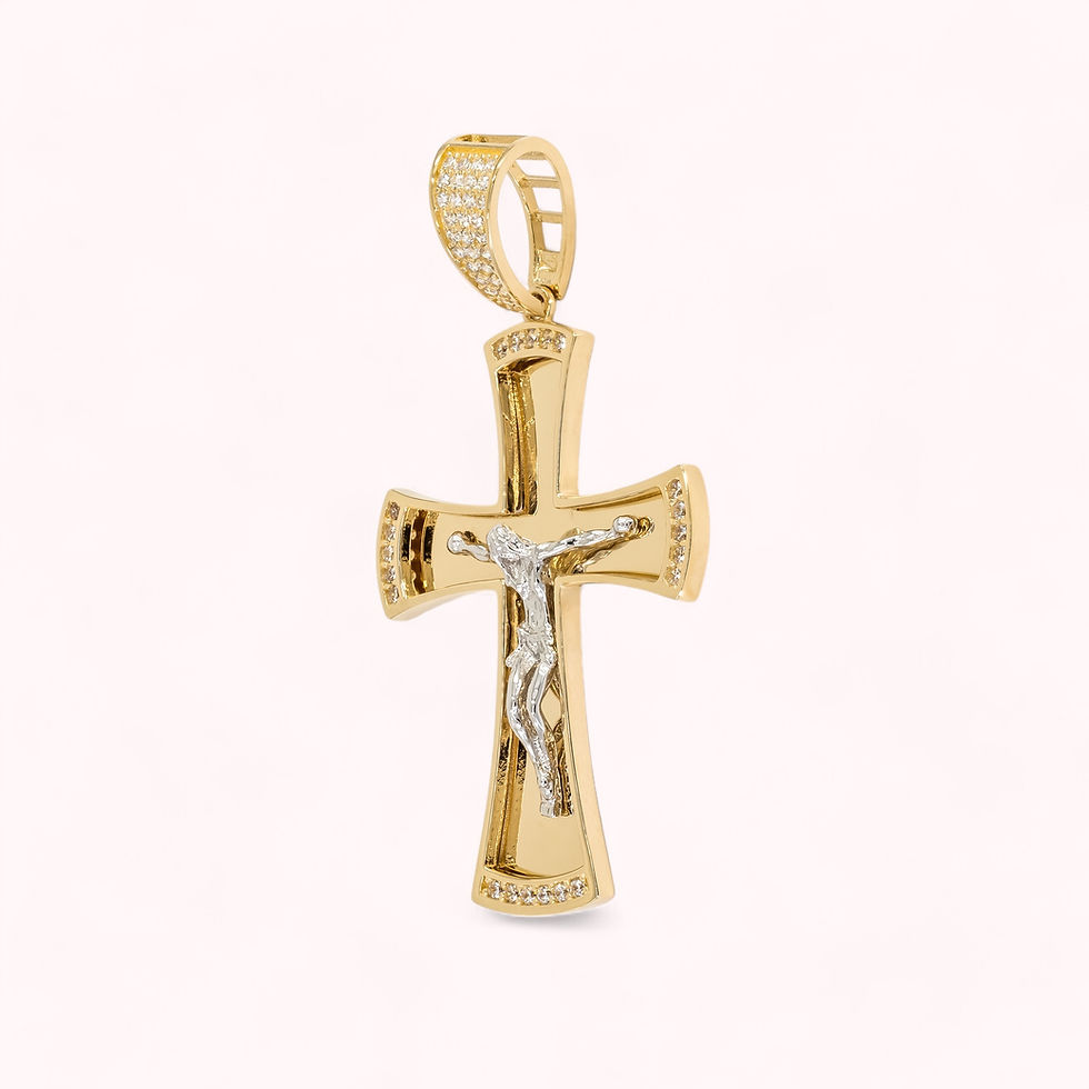 Thumbnail: 14K Gold Cross Pendant With White Gold Christ & CC's On Edges
