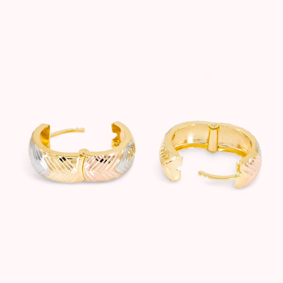 Thumbnail: 14K Double Sided Tricolor Gold Herringbone Huggie Earrings