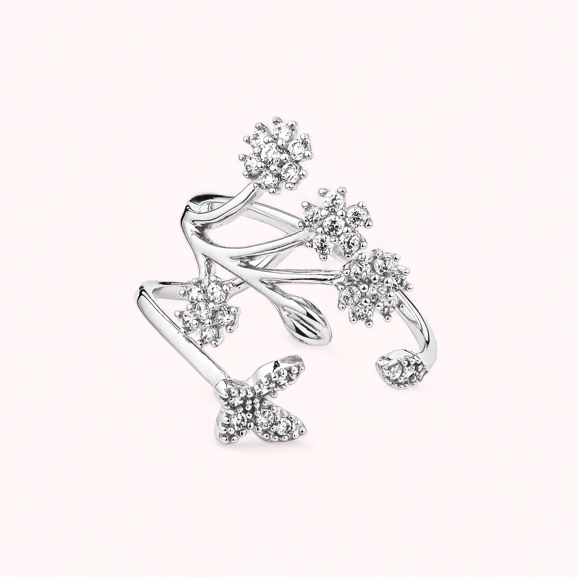 14k Solid White Gold Flower & Butterfly Wraparound Ring