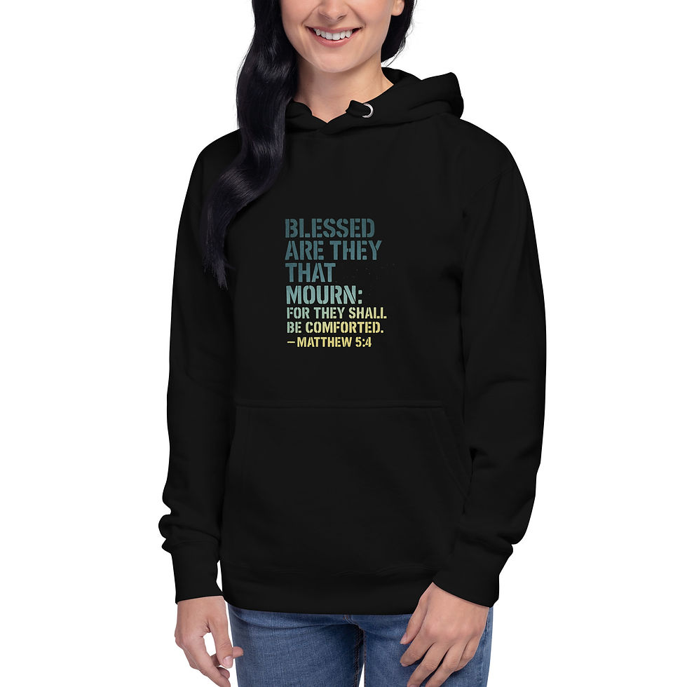 Thumbnail: Woman wearing black hoodie with blue text that says: Blessed Are They.