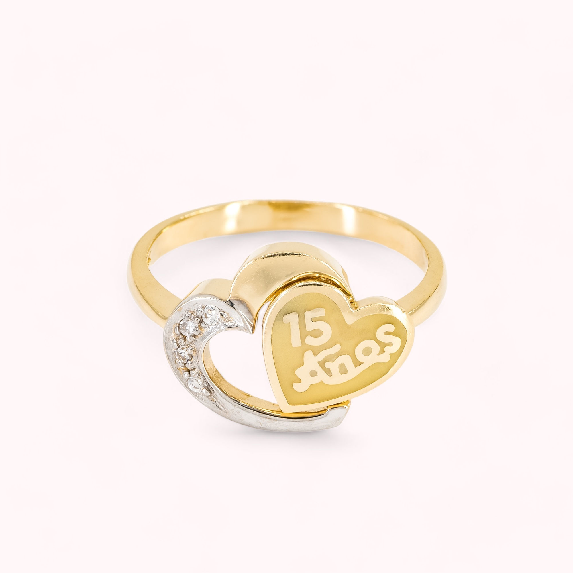 14K Gold "15 Años" Heart Ring With White Gold & CCs
