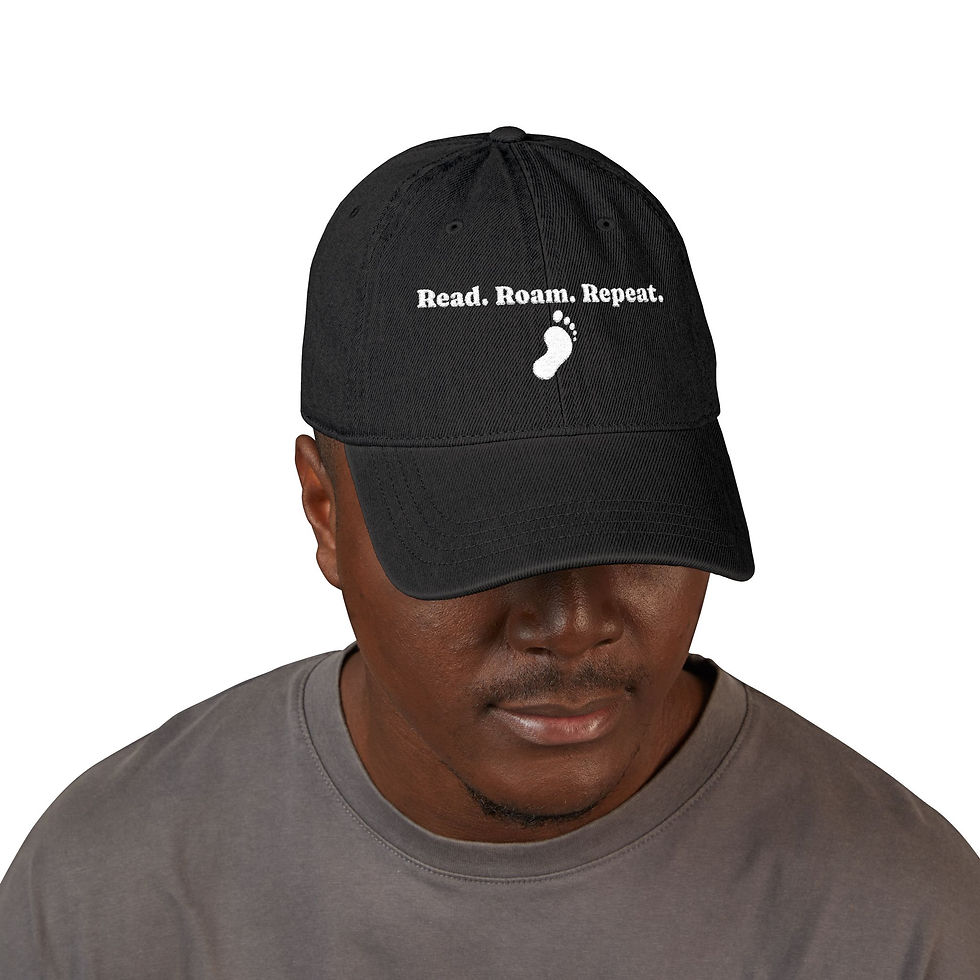Thumbnail: Adventure Ready Denim Hat - 'Read. Roam. Repeat.' Left side says Bigfoot Books