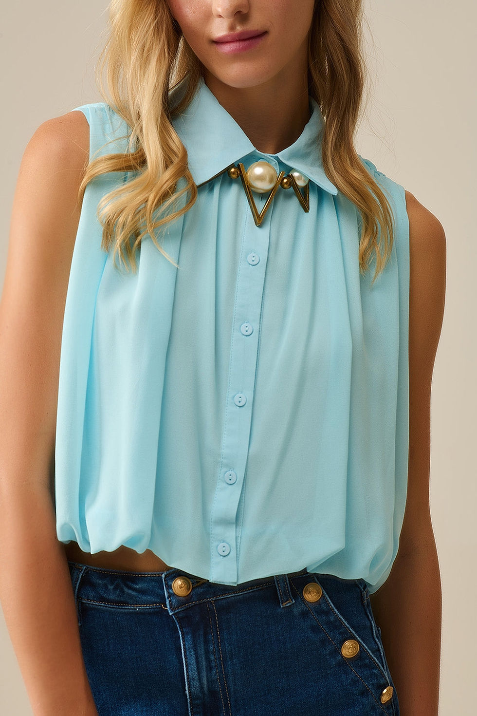 Thumbnail: Baby Blue Chiffon Blouse With Pleats at the Hem