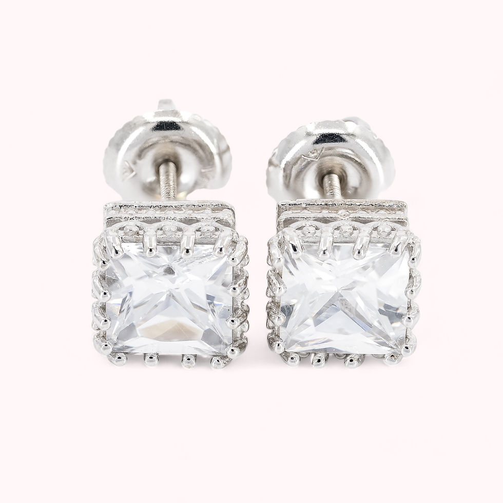 Miniatura: 14K Solid White Gold Square Crown Style Stud Earrings With CZ