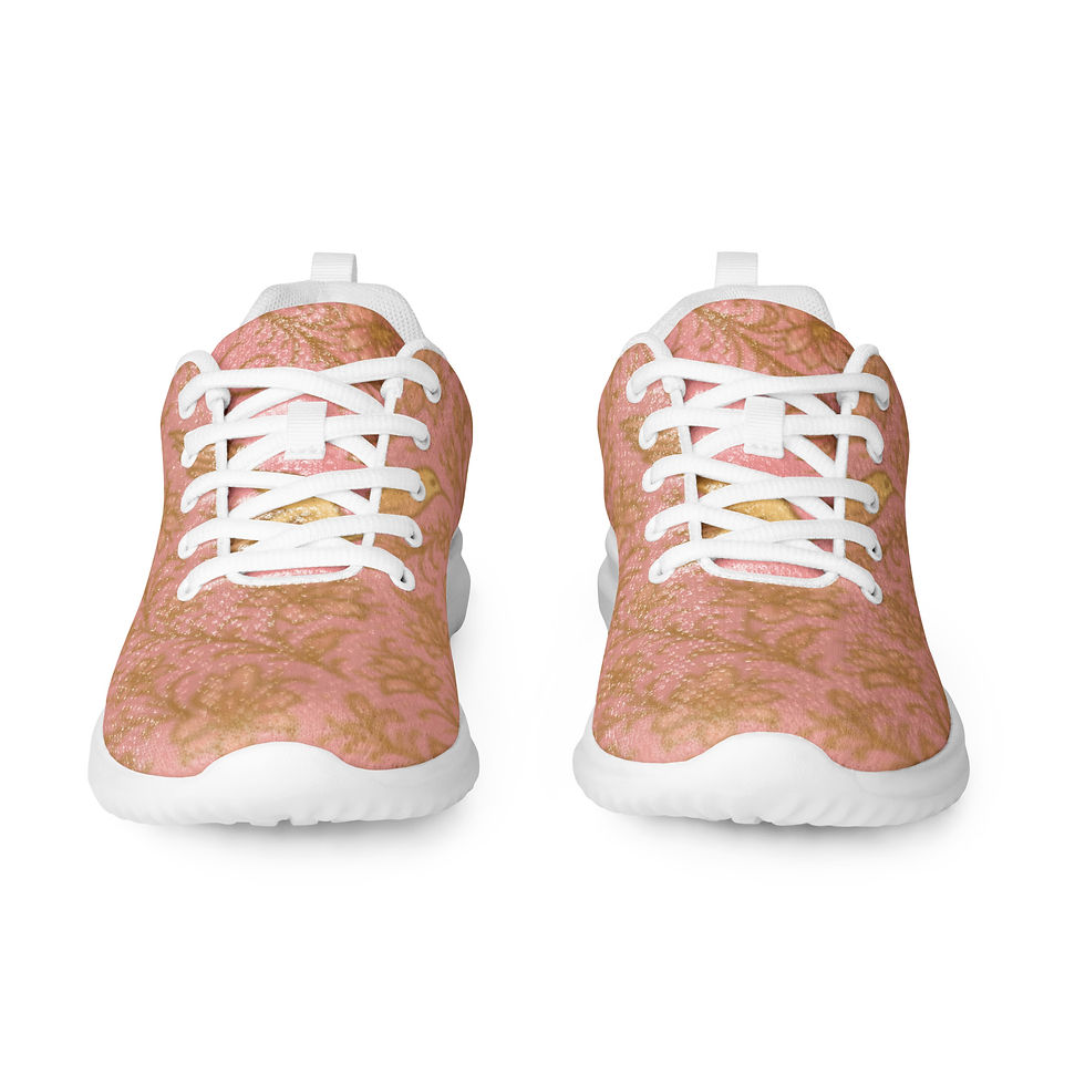 Thumbnail: Pair of rose gold sneakers, white laces and soles, front view, isolated.