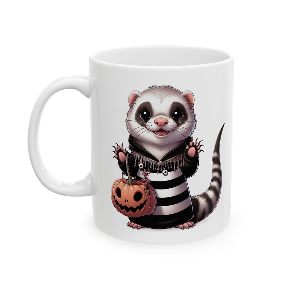 Ferret in Halloween costume on a coffee mug | Halloween-Themed Ferret Coffee Cups cute coffee cup. Wolf's Den Clothing