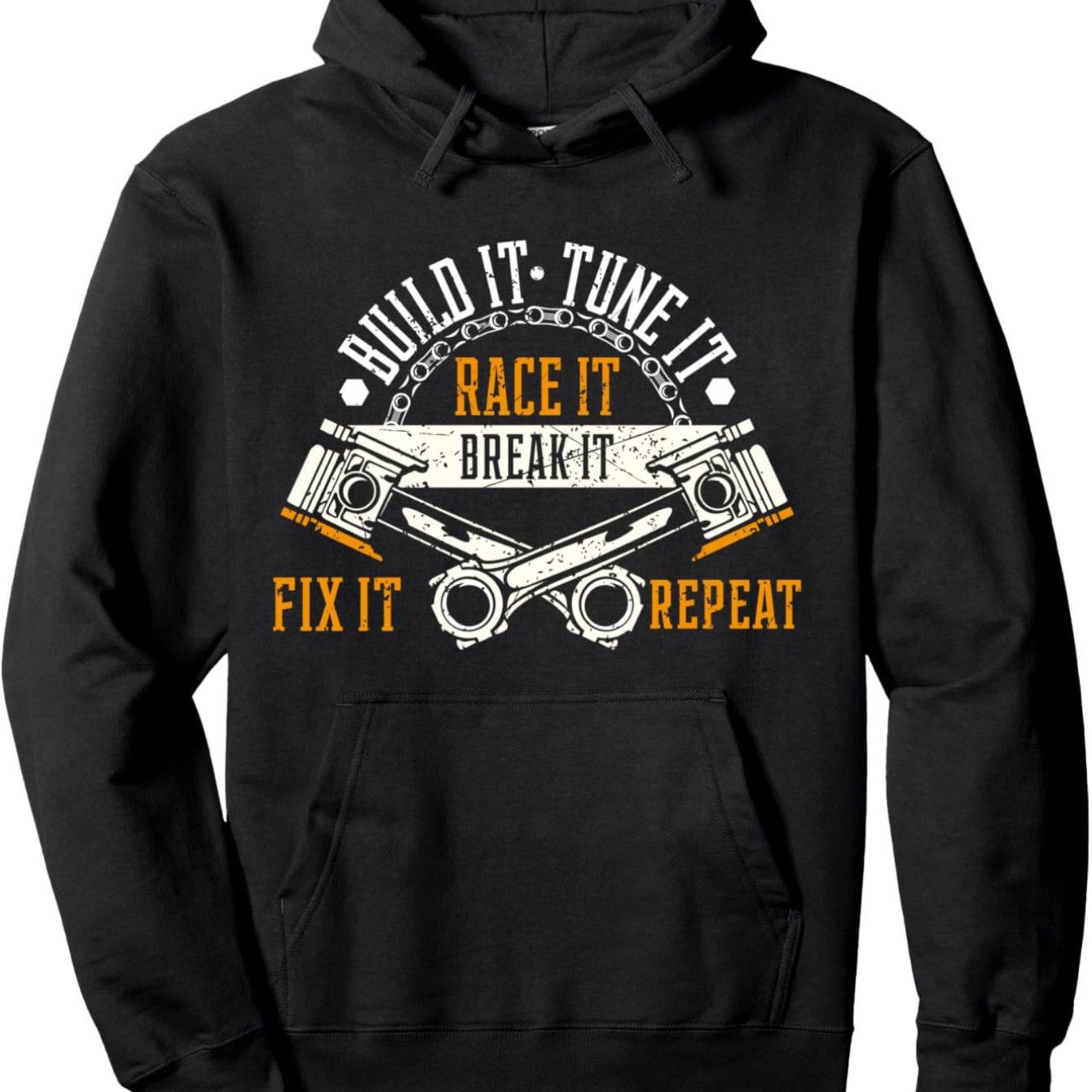 Mechanic Hoodie – Build Tune Race Fix Repeat Piston Graphic for Gearheads