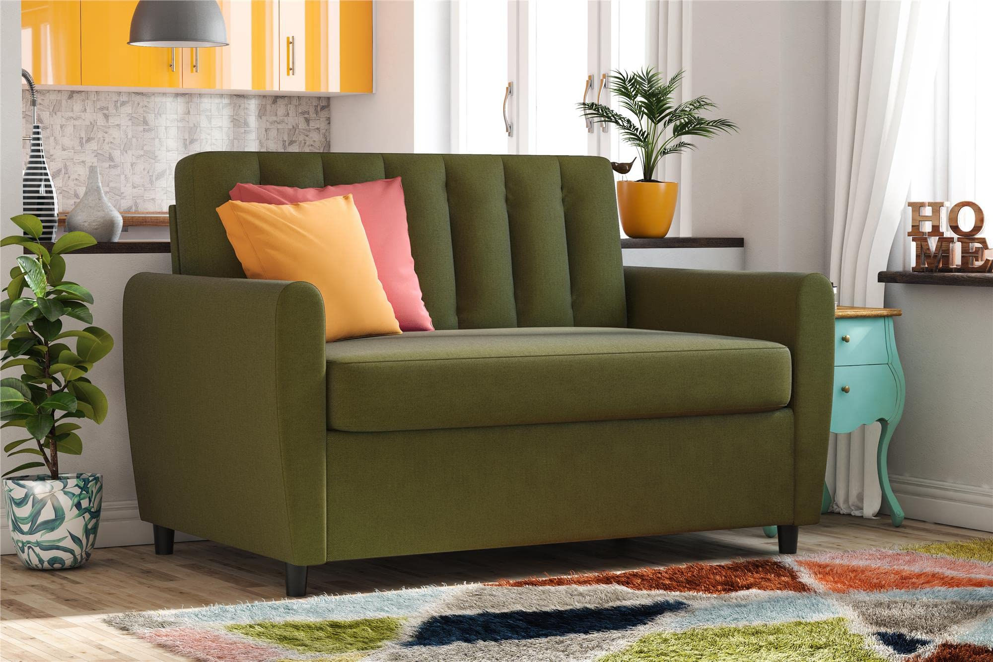 Novogratz Brittany Loveseat Sofa Sleeper with Memory Foam Mattress, Green Lin...